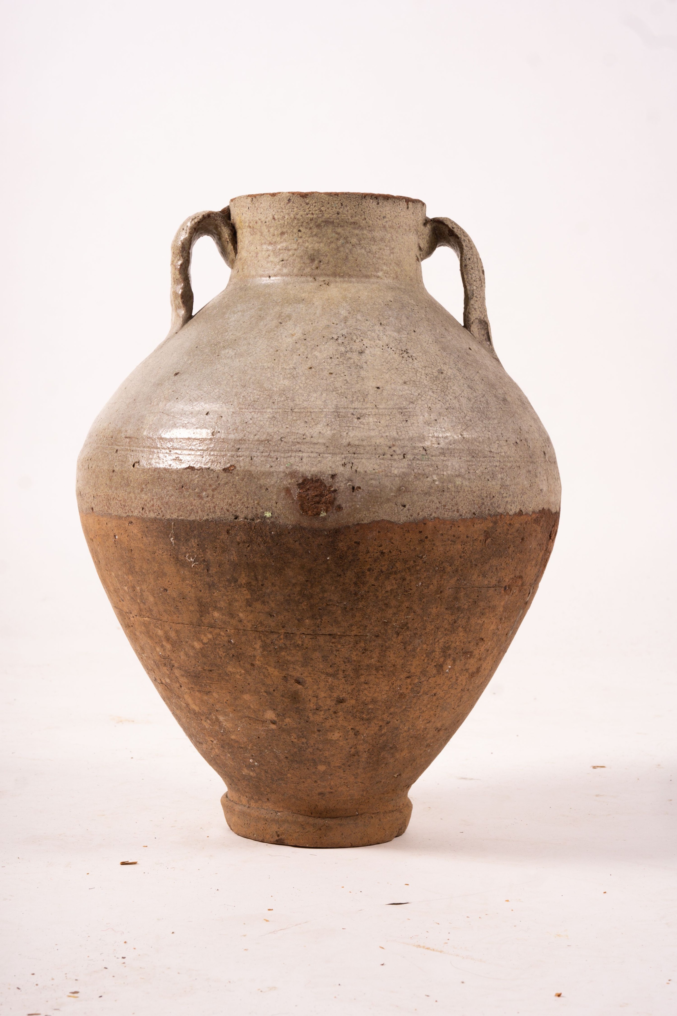 A Victorian iron bound staved oak jug, height 36cm, an amphora style pottery vase and a copper warming pan